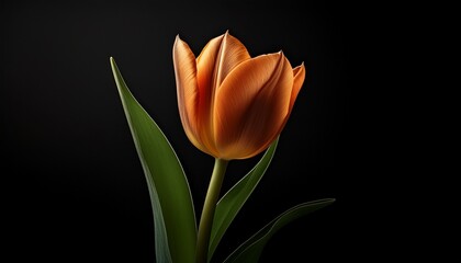 Single elegant tulip on a black background, dramatic lighting and minimalism