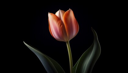 Fototapeta premium Single elegant tulip on a black background, dramatic lighting and minimalism