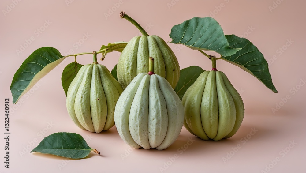 Aufkleber fresh green guavas arranged artistically on a soft pastel background with large leaves positioned ar