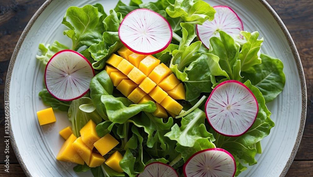 Poster colorful fresh salad with green lettuce, sliced radishes, and diced mango on a round plate. top view