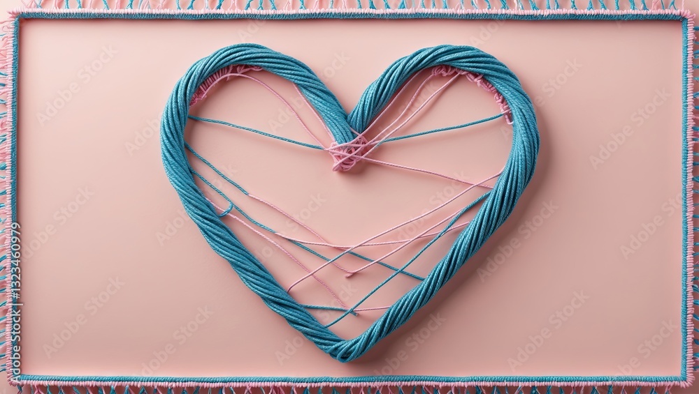 Aufkleber heart shape made of intertwined blue and pink strings on a soft pastel pink background, enclosed by 