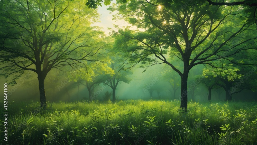 Fototapete Lush green forest scene with vibrant trees and grass in foreground, soft sunlight filtering through leaves creating a serene atmosphere