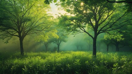 Lush green forest scene with vibrant trees and grass in foreground, soft sunlight filtering through leaves creating a serene atmosphere