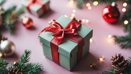 Green gift box adorned with a red ribbon placed in the center against a pastel pink background surrounded by festive ornaments and foliage.