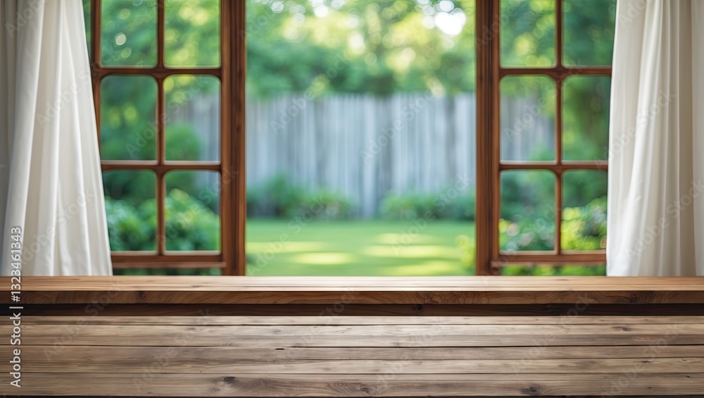 Aufkleber wooden tabletop in foreground with blurred white curtains framing a lush green garden visible throug