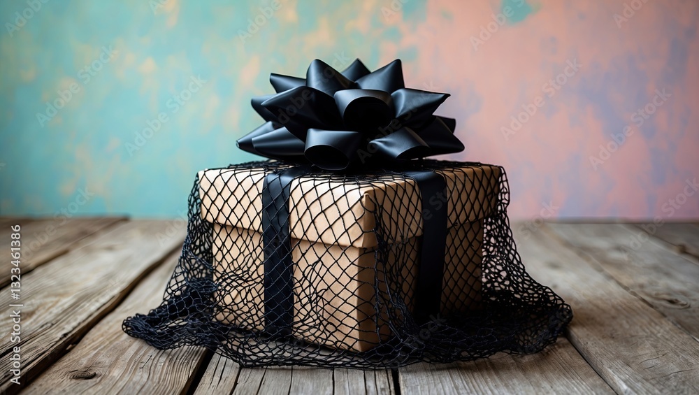 Poster elegant gift box adorned with black netting and a bold bow placed on rustic wooden boards against a 