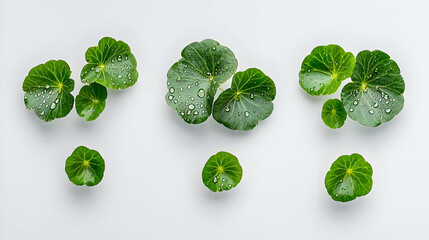 Obraz premium Isolated Green Leaves Arrangement On White Background Flat Lay Composition