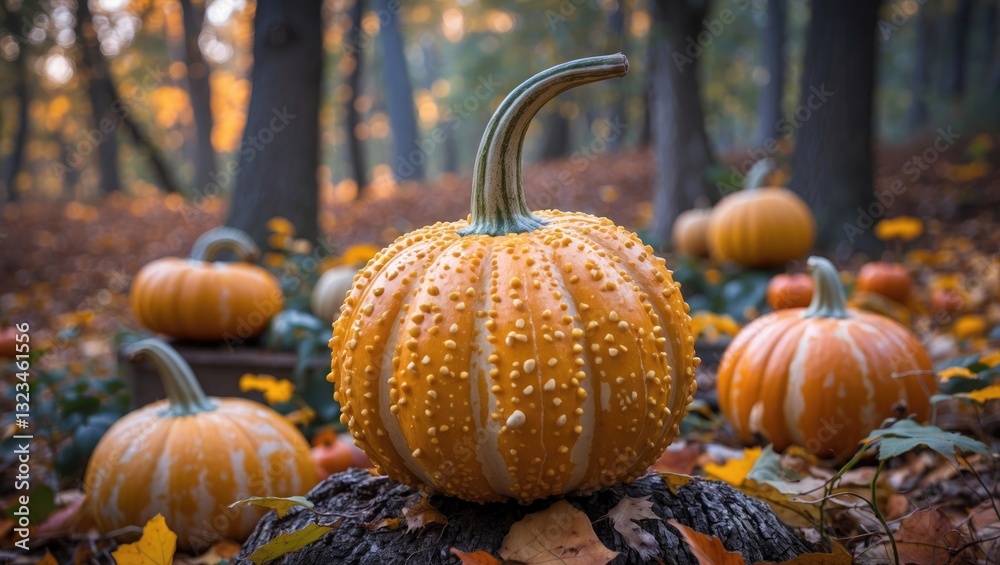Poster vibrant orange pumpkins with textured skin among fallen autumn leaves in a forest setting with soft 