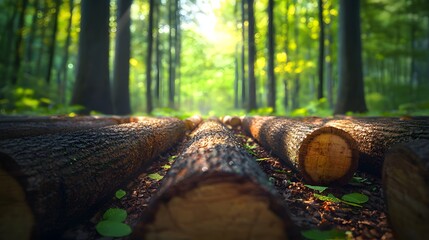 Fototapeta premium Sunlit Logs on Forest Floor Surrounded by Lush Green Trees in a Tranquil Natural Setting
