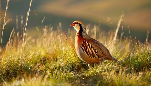 red partridge alectoris rufa a single bird on the grass in its natural habitat