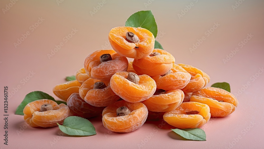 Poster vibrant orange dried apricots stacked with green leaves on a soft pastel pink and beige background c
