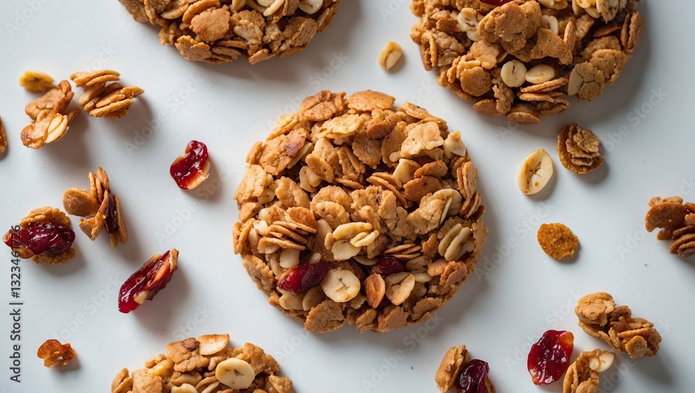Poster granola cookies in circular shapes arranged on a white background with scattered crumbs and cranberr