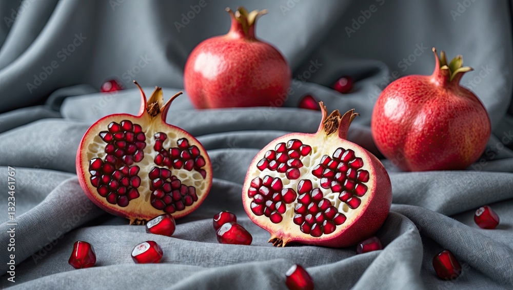 Poster Bright red pomegranate fruits with shiny seeds displayed on crumpled gray fabric backdrop with scattered seeds creating a vibrant contrast