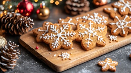 Decorative Gingerbread Snowflake Cookies Arranged on a Wooden Board Surrounded by Holiday Ornaments