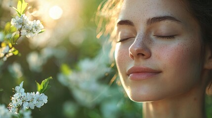Fototapeta premium Young Woman with Freckles Enjoying Nature Surrounded by Blossoms