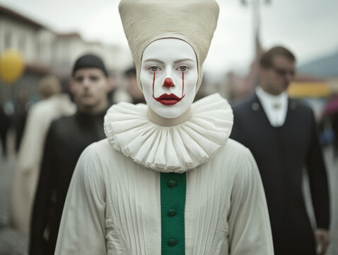 Pierrot-style character with white painted face, unique hat and dramatic expression, festival atmosphere.