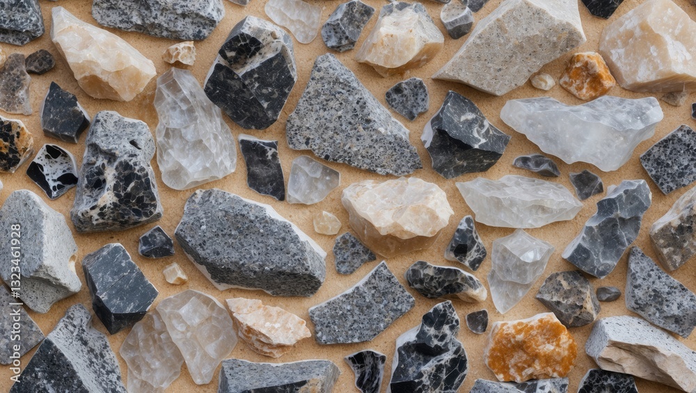 Poster multicolored granite and quartz stone texture with sharp black, white, and gray fragments set agains