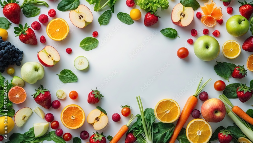Poster Vibrant collection of fresh fruits and vegetables arranged in a circular pattern on a white background with ample copyspace for text design.