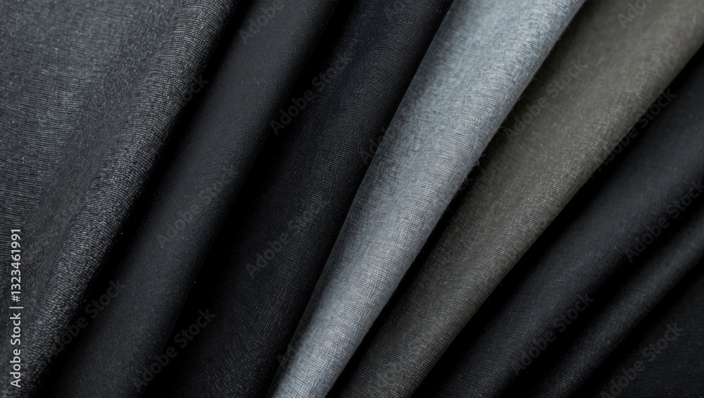 Poster Textured fabric samples in gradient shades of black, charcoal, grey, and light grey arranged in a dynamic fan shape on a dark background