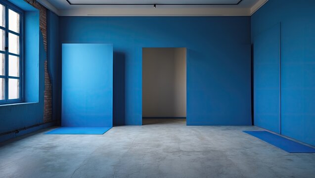 Blue studio room with a light blue backdrop featuring a doorway on the right, a square structure to the left, and gray concrete flooring.
