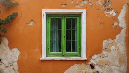 Vintage green window with a white frame centered on a textured orange wall showcasing peeling paint and rustic charm.
