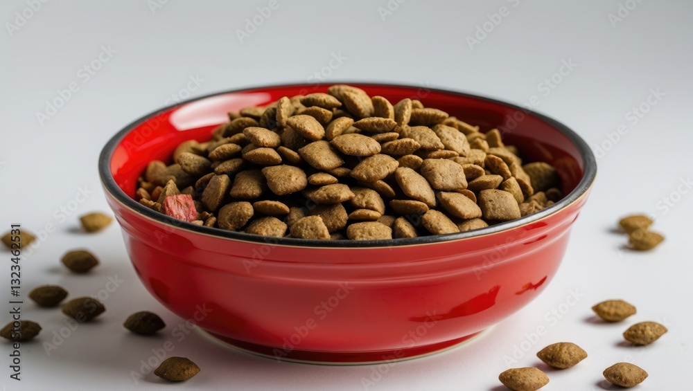 Poster Dry cat food in a glossy red bowl centered on a white background with scattered kibble, ideal for text overlay and design placement.