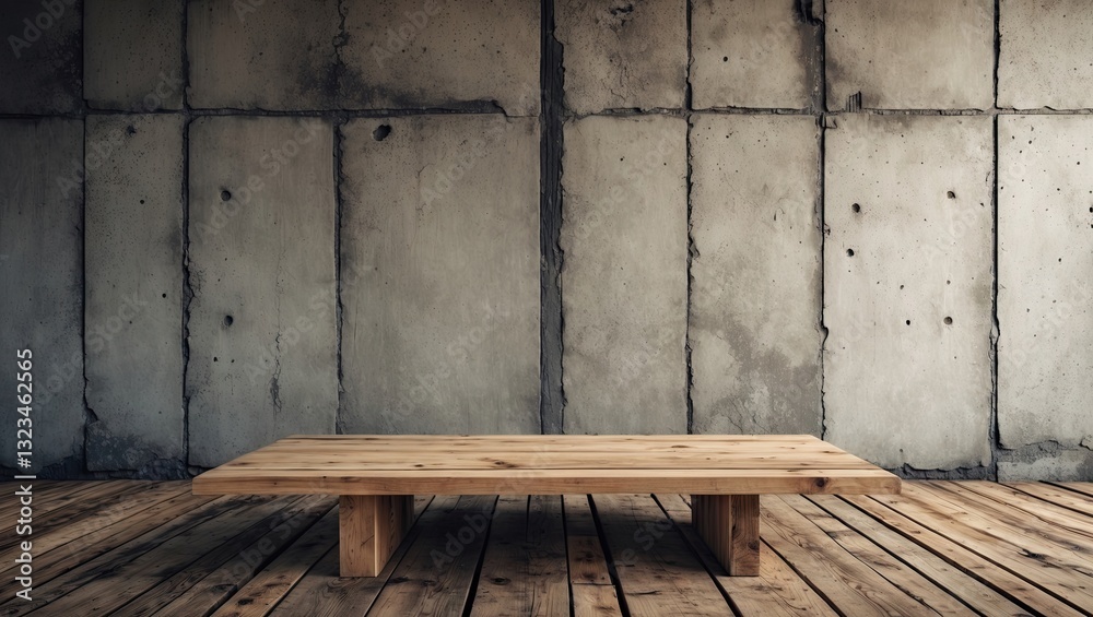 Aufkleber Wooden plank table positioned centrally in front of a textured concrete wall with a grunge finish, ideal for product display and montage use.