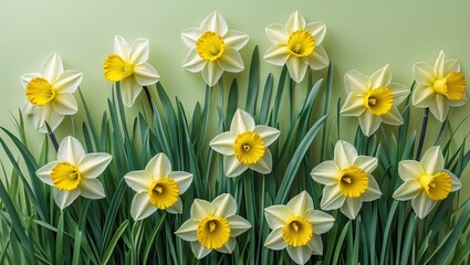 Fototapeta premium Yellow daffodils with vibrant green leaves arranged on a soft pastel green background creating a fresh and cheerful spring atmosphere