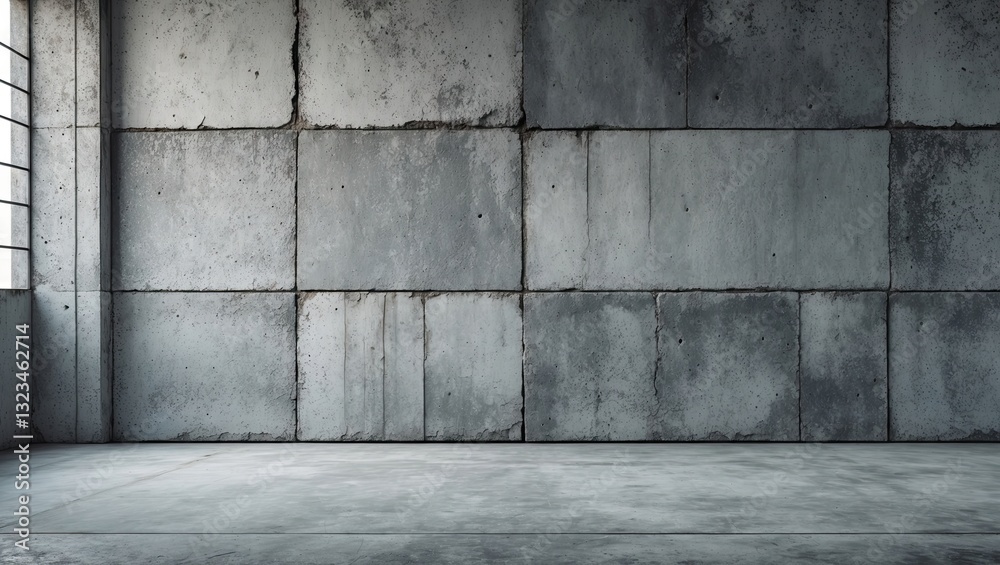 Poster Gray concrete wall texture with horizontal and vertical seams illuminated by natural light from a window creating an industrial backdrop with copy space.