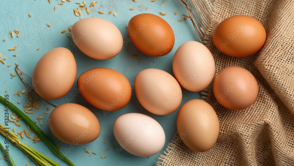 Poster fresh brown and white eggs arranged on pastel blue background with beige burlap. green chives add a 