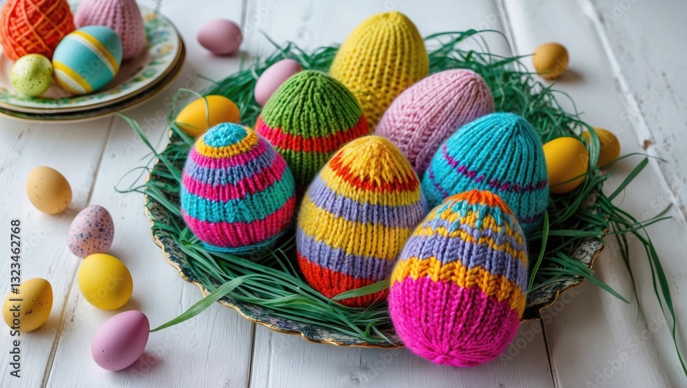 Poster colorful knitted easter eggs in various patterns and colors, arranged in a green nest, surrounded by