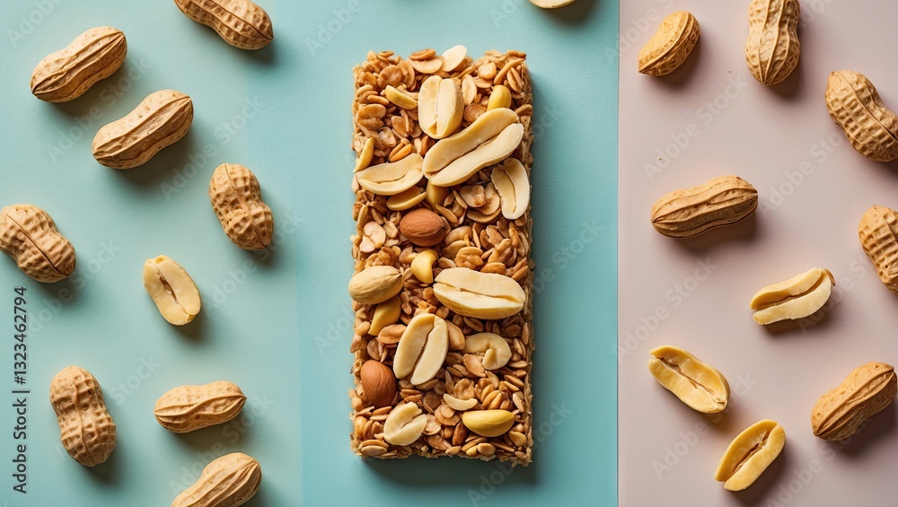 Poster granola bar topped with assorted peanuts on a blue and pastel pink background arranged symmetrically