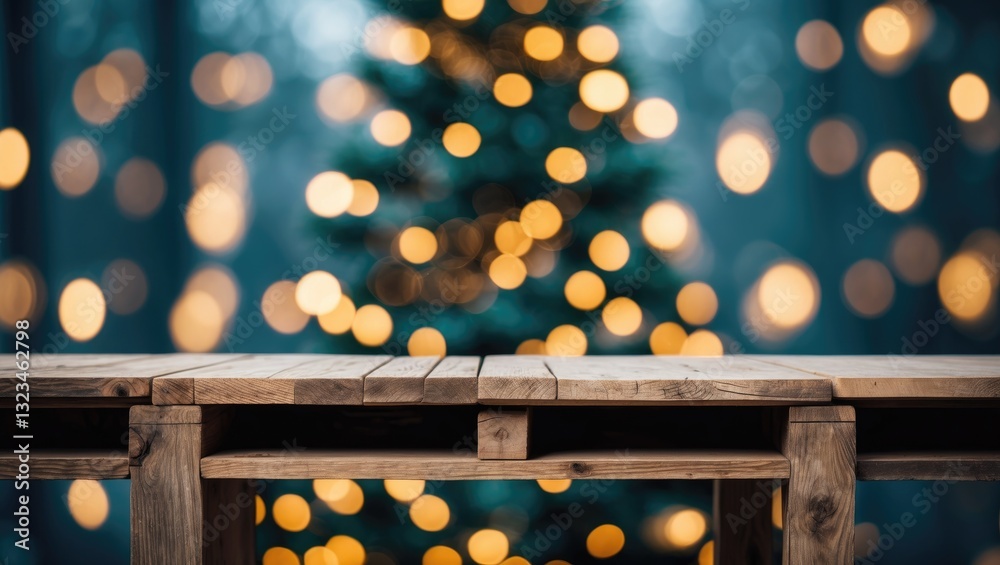Poster wooden table or shelf in foreground with blurred bokeh christmas tree background featuring warm yell