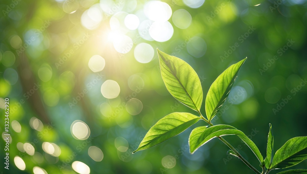 Fototapete sunlit green leaves in the foreground with a blurred bokeh background of soft greens and warm sunlig