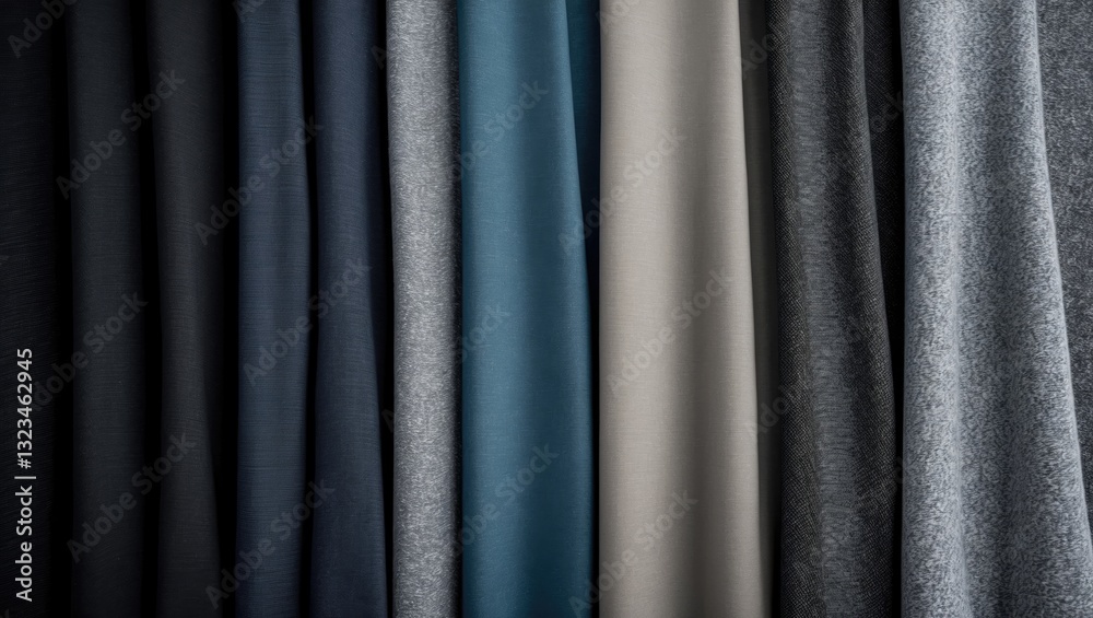 Aufkleber fabric samples on display featuring a gradient from black to grey, showcasing textures in dark blue,