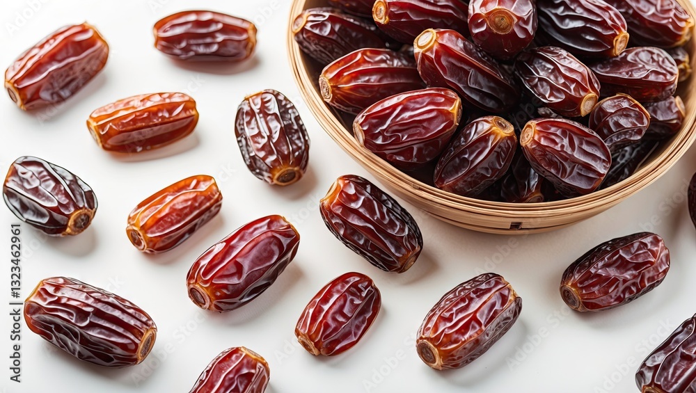 Poster Dried date fruits scattered around a woven bowl on a bright white background with ample copy space for text and design elements