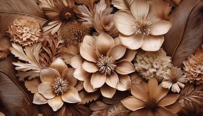 Sepia-toned dried flowers arranged in a dense, antique-inspired floral pattern.
