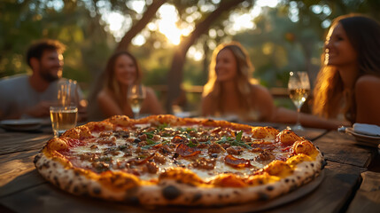 Pizza on Patio with Friends Enjoying Outdoor Dining