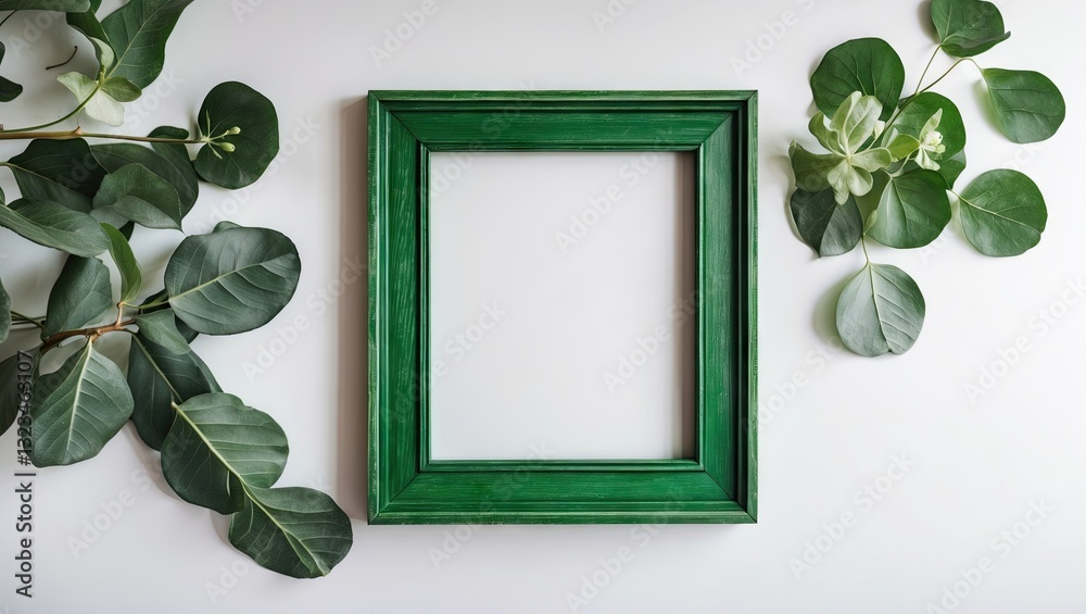 Poster green wooden picture frame on a white background with lush green leaves arranged around the frame cr