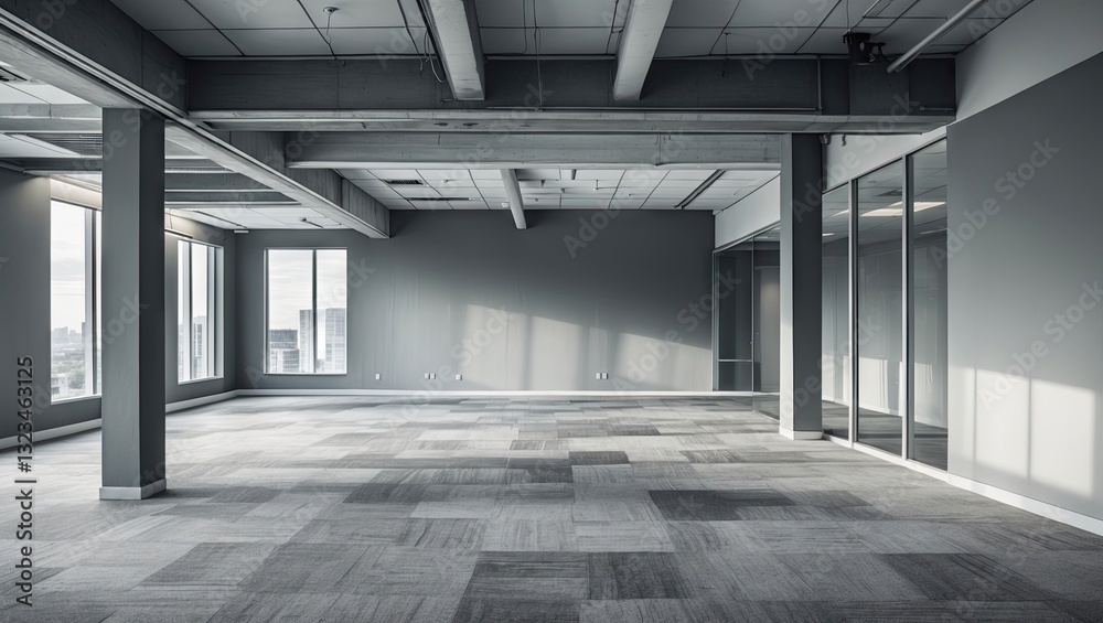 Aufkleber Modern commercial office space featuring expansive gray tones with large windows and open layout; minimalistic interior design emphasis