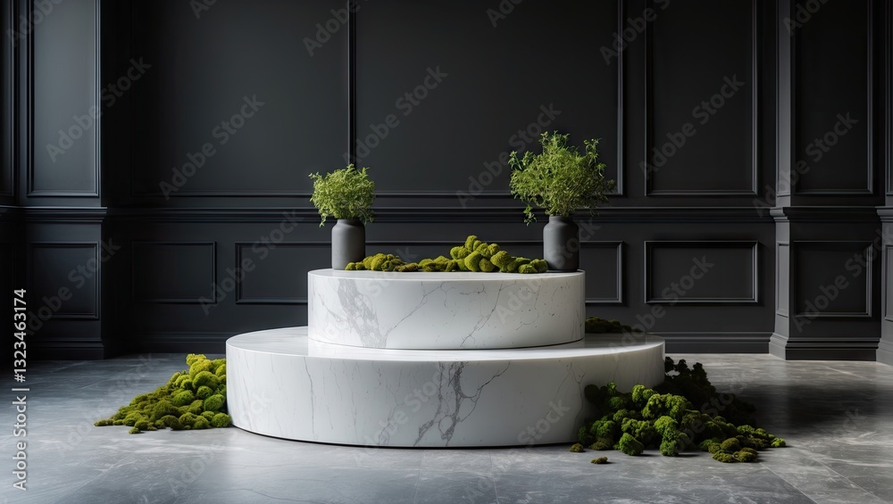 Aufkleber elegant minimalistic white marble podiums in a black room featuring lush green moss and subtle backl