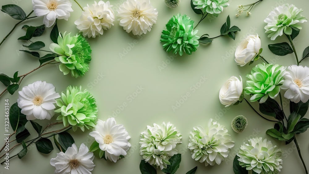 Poster Top view of vibrant green and white artificial flowers arranged in a circular pattern on a soft pastel green background creating a tranquil scene.