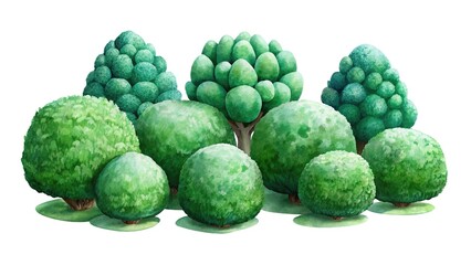 Fototapeta premium A Whimsical Collection Of Lush Green Shrubs And Trees Forming A Delightful Miniature Forest Scene With A Soft Watercolor Texture And Vibrant Green Hues