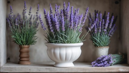 Fototapeta premium Decorative lavender plants in various pots on a rustic shelf with natural wooden textures soft purple flowers and earthy tones creating a cozy atmosphere