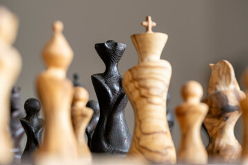 Artistic wooden chess pieces with intricate designs on a blurred background. Nijmegen, Netherlands