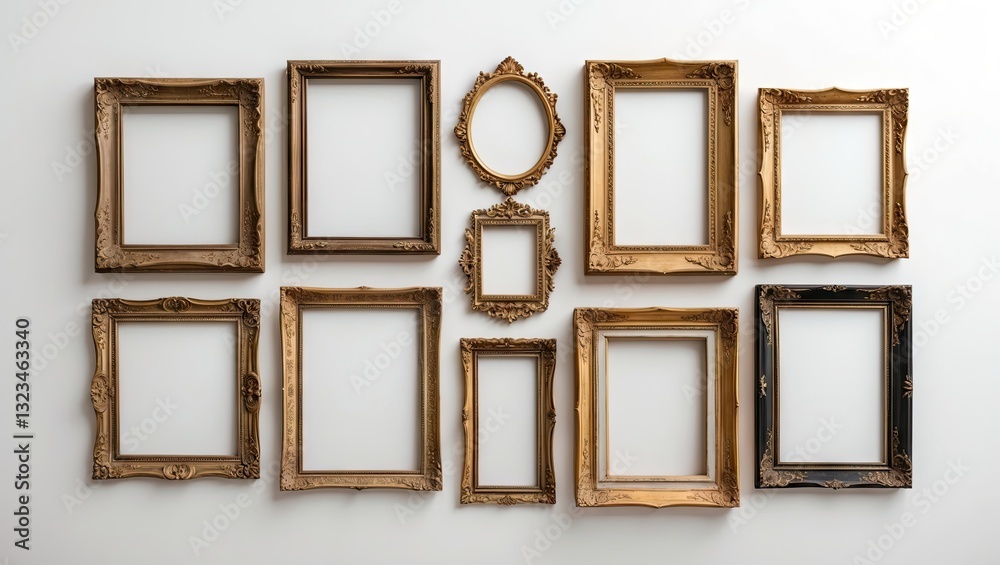 Poster Set of ten ornate golden picture frames of various sizes arranged in a symmetrical pattern against a clean white background.