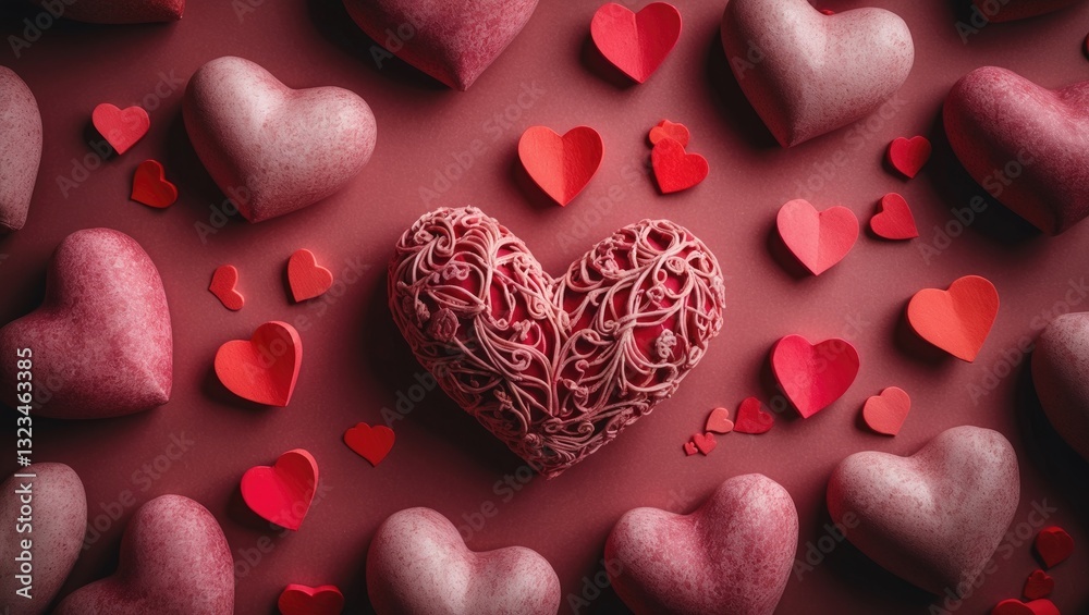 Aufkleber Abstract romantic theme featuring a central decorative heart in intricate patterns surrounded by smaller red hearts on a deep red background with ample copy space.