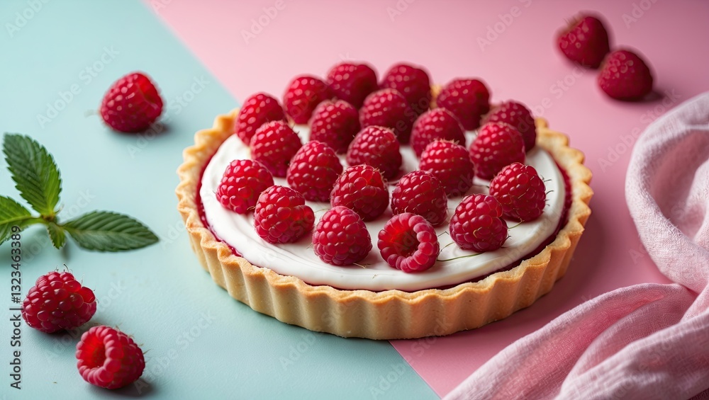 Poster raspberry tart adorned with fresh raspberries sits on a two-tone pastel background of mint green and