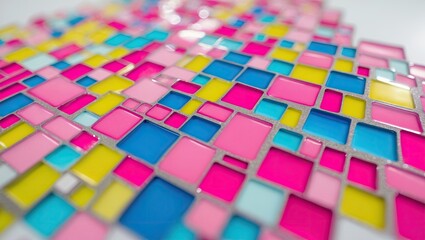 Colorful mosaic tile pattern featuring vibrant pink, blue, and yellow squares arranged in a dynamic layout creating an abstract design.