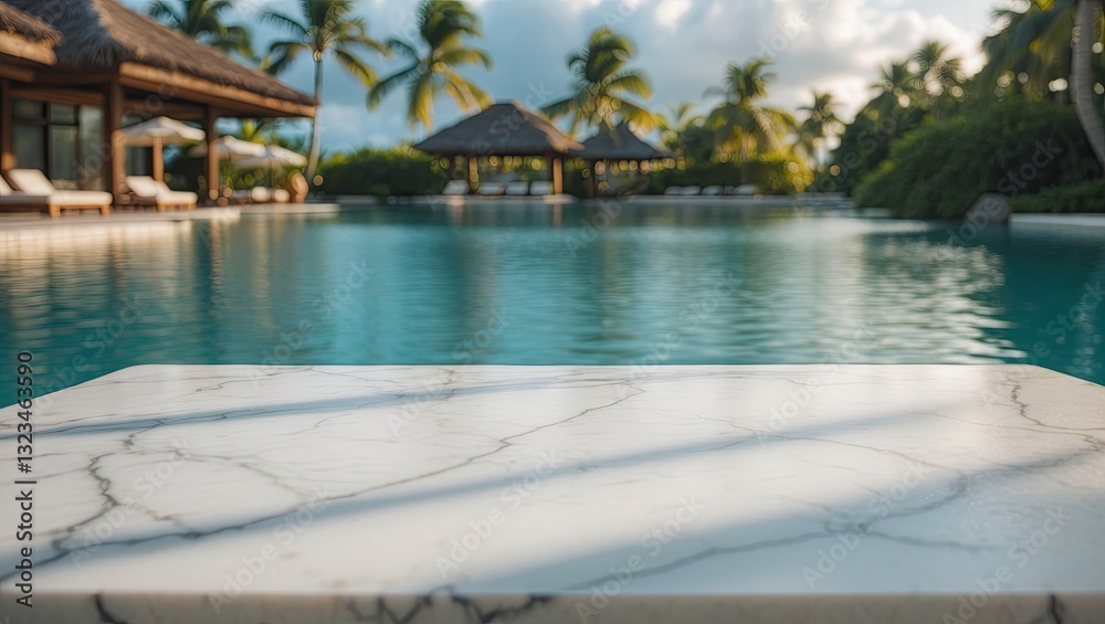 Poster serene swimming pool with a marble table in the foreground, surrounded by palm trees and tropical sc